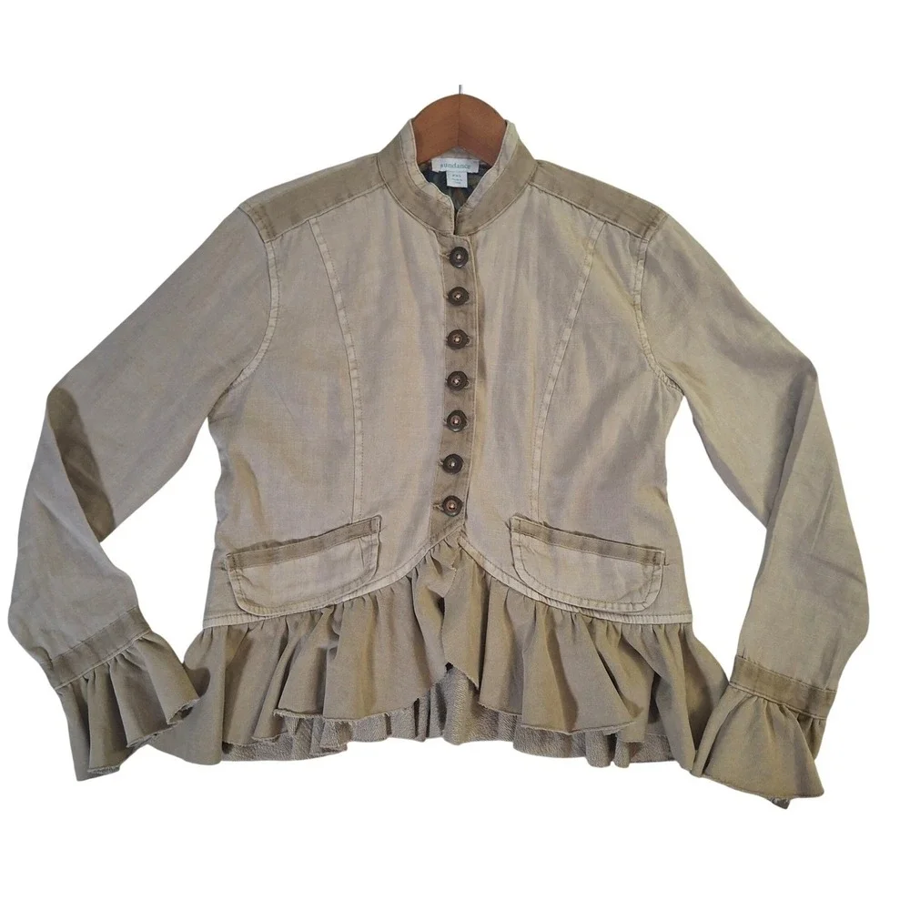 Sundance Womens Tan Linen Blend Ruffle Peplum Jacket PXS Petite Extra Small